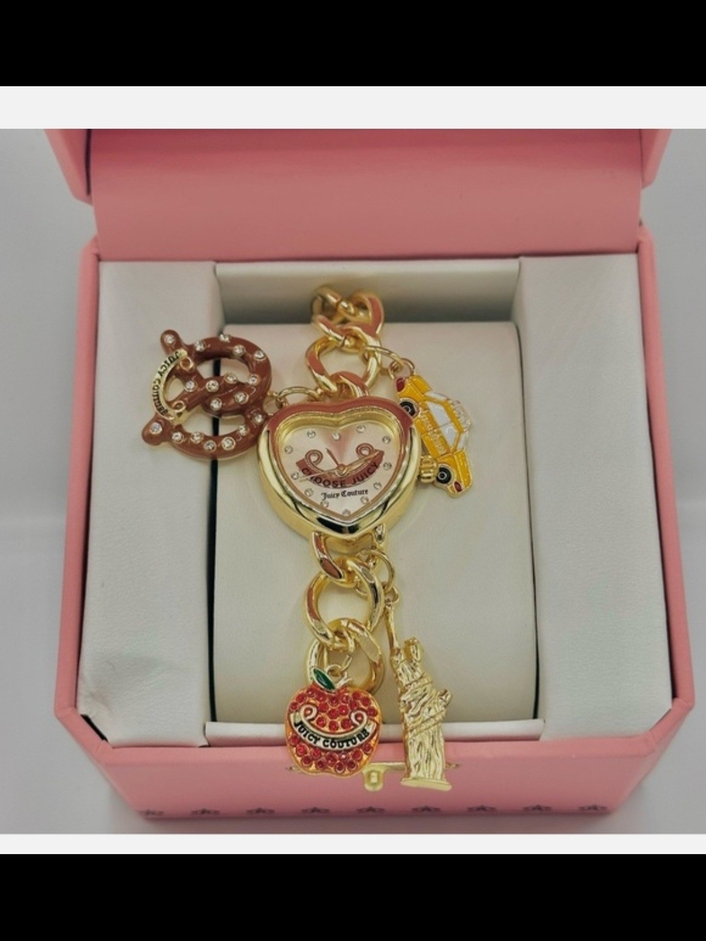 Juicy Couture Gold Heart Charm Bracelet Watch with Pink and Red Accents